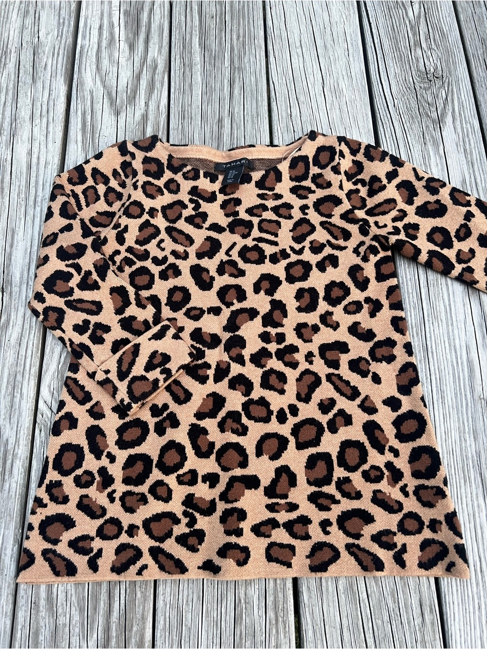 Tahari Leopard-Print Knit Top in Black and Brown XS